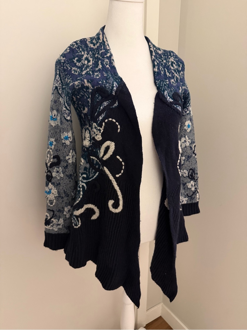 Anthropologie Floral Embroidered Textured Open Cardigan in Navy